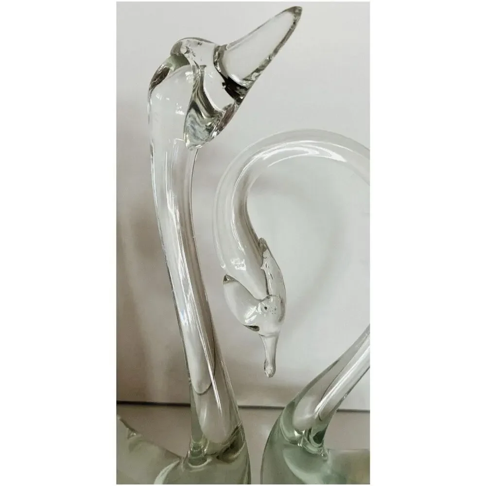 Vintage MCM Pair of Clear Hand Blown Glass Swans Smooth Pontil Quality Versatile